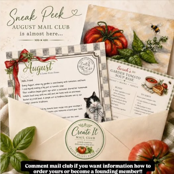 August Mail Club package with tomato and basil art, letter, recipe, and envelope