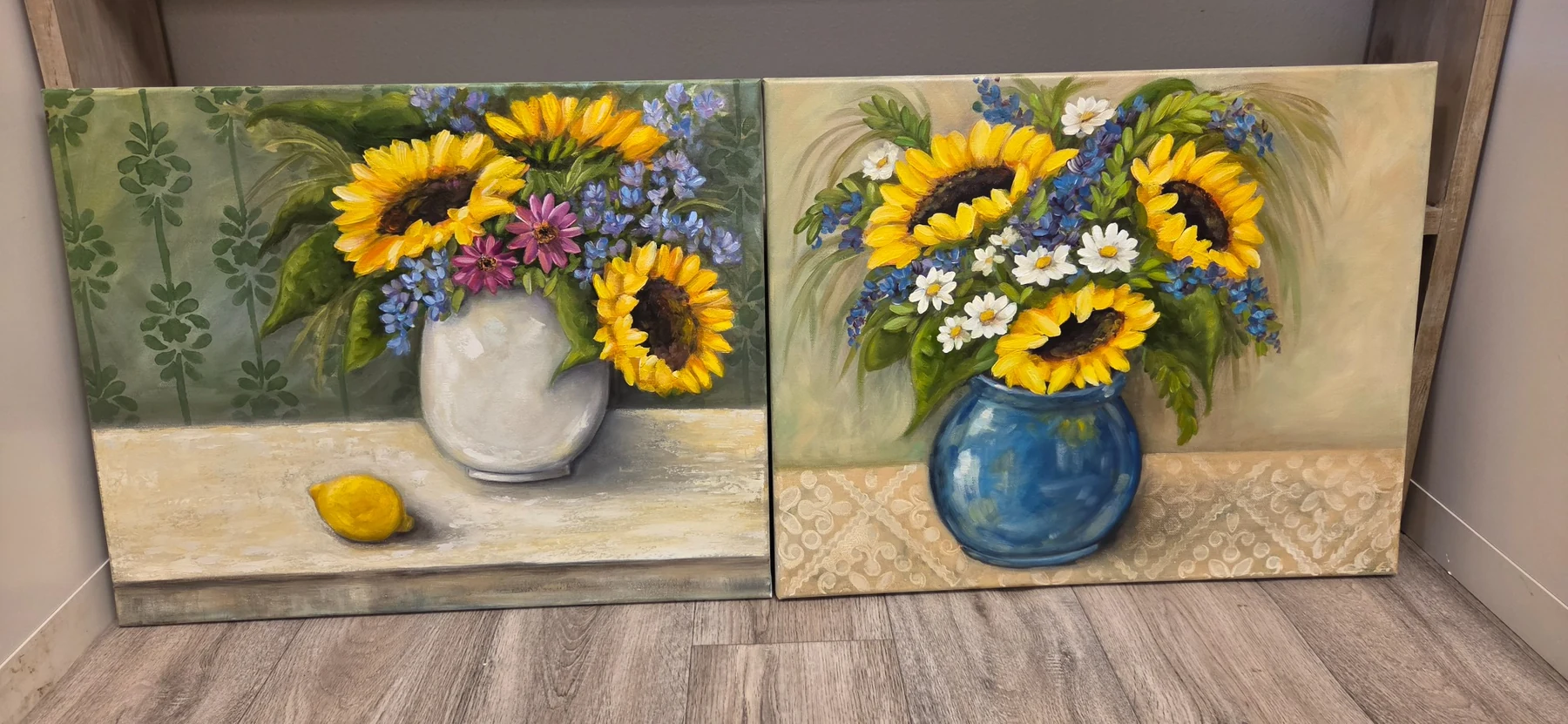 Two original sunflower paintings by Sarah Barnes